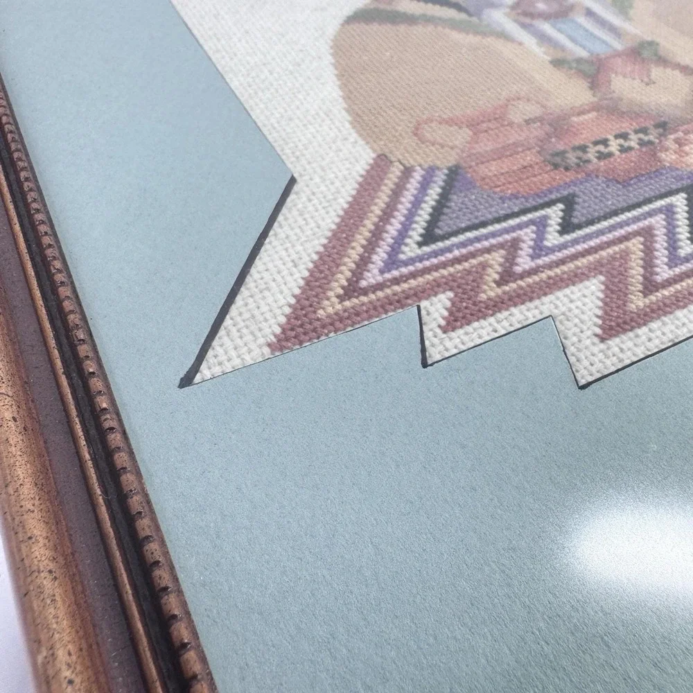 Framed Hand Stitched Needlepoint Southwest Figure Wall‎ Art Wood Frame 13x15